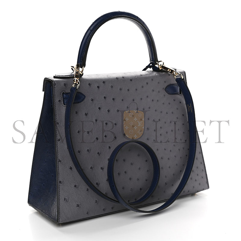 HERMÈS MASTER OSTRICH HORSESHOE KELLY SELLIER 28 GRIS AGATE BLEU IRIS (28*22*10cm)
